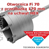 Otwornica Fi 70 z przedłużką 170 mm na HEX